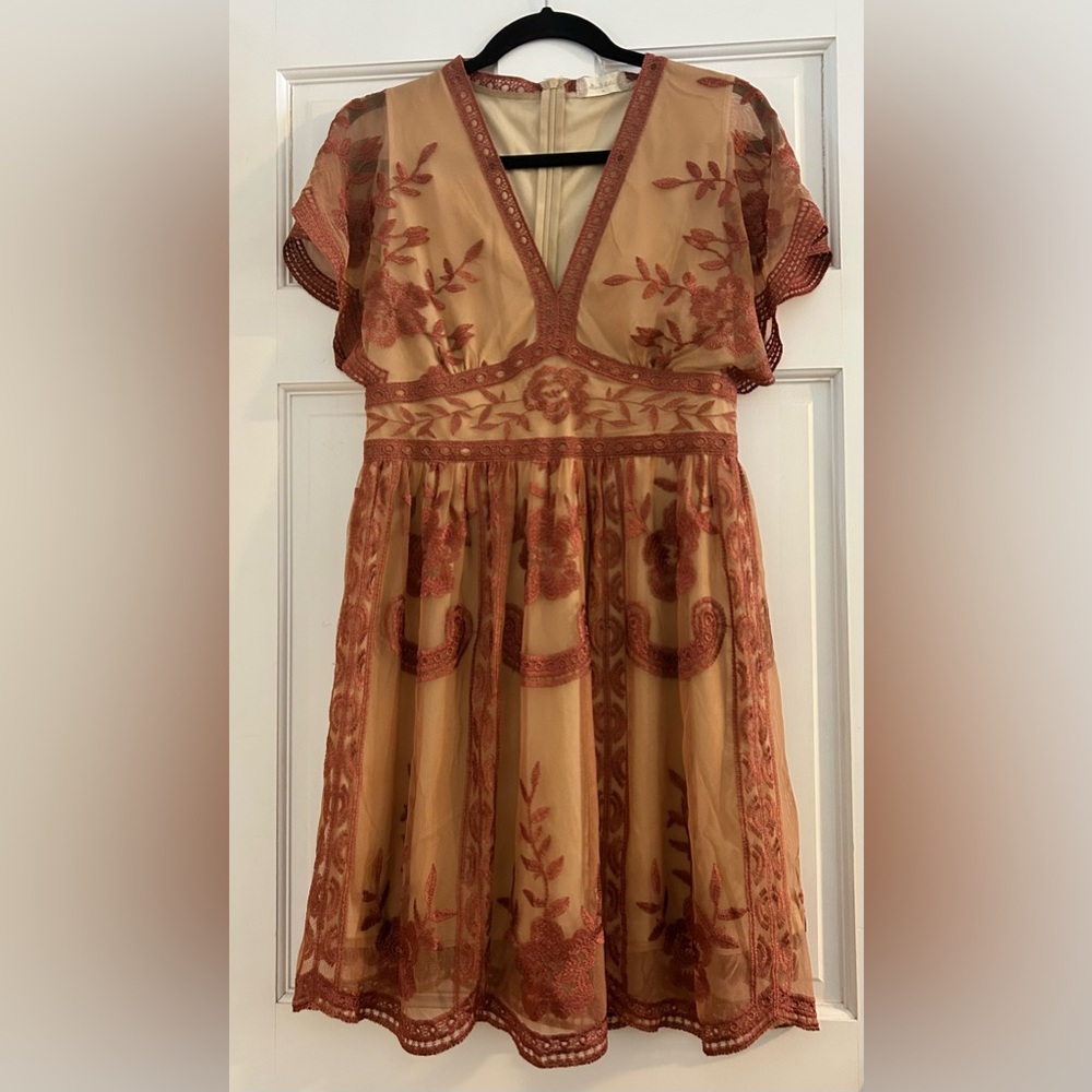 Altar'd State Rose and Tan Embroidered Dress